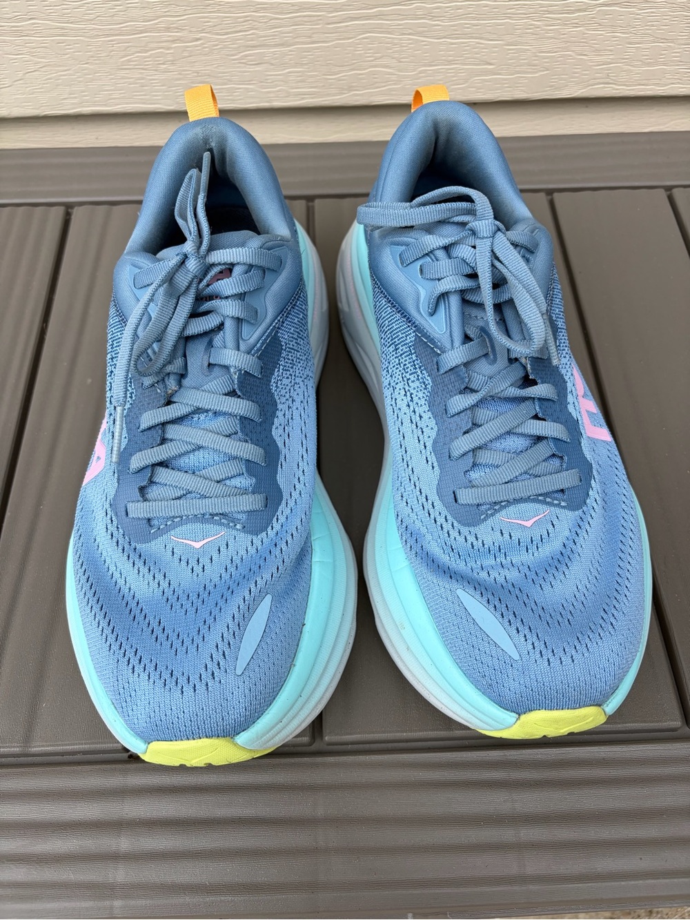 Hoka Bondi 8 Women's Light Blue Running Shoes with Pink & Yellow Accents - Picture 2 of 4